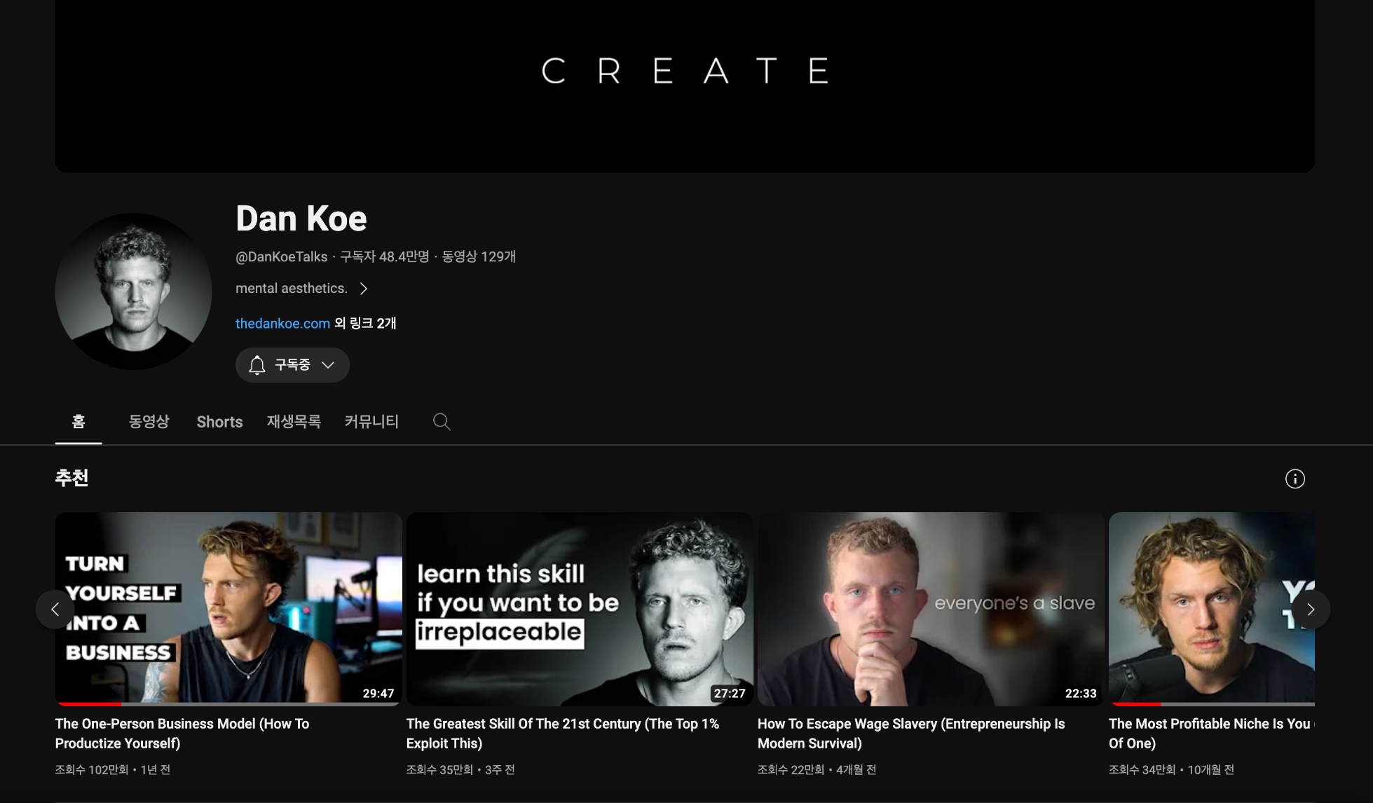 Dan Koe의 유튜브 구독자 수는 거의 50만명이에요. 1인 비즈니스 관련 내용이 정말 많아 추천합니다.