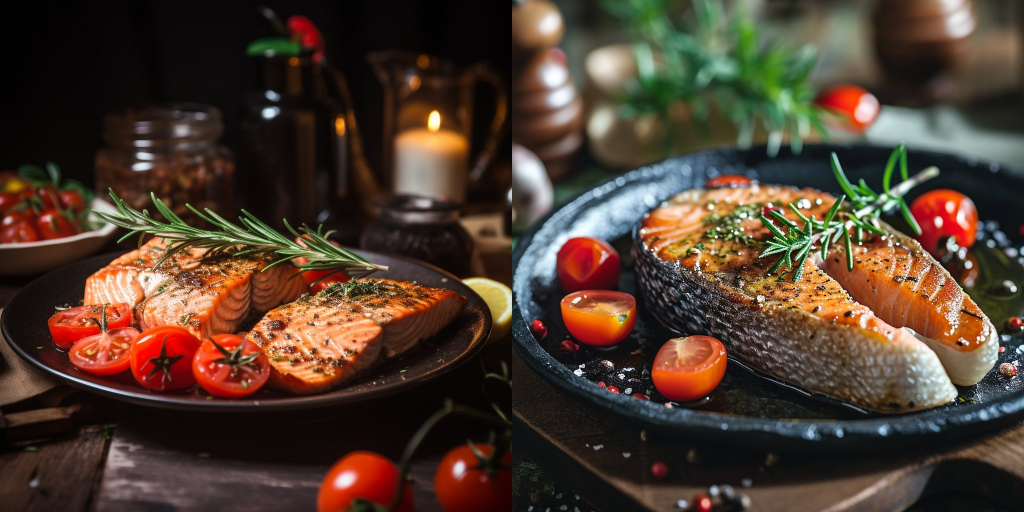 A magazine quality shot of a delicious salmon steak, with rosemary and tomatoes, and a cozy atmosphere