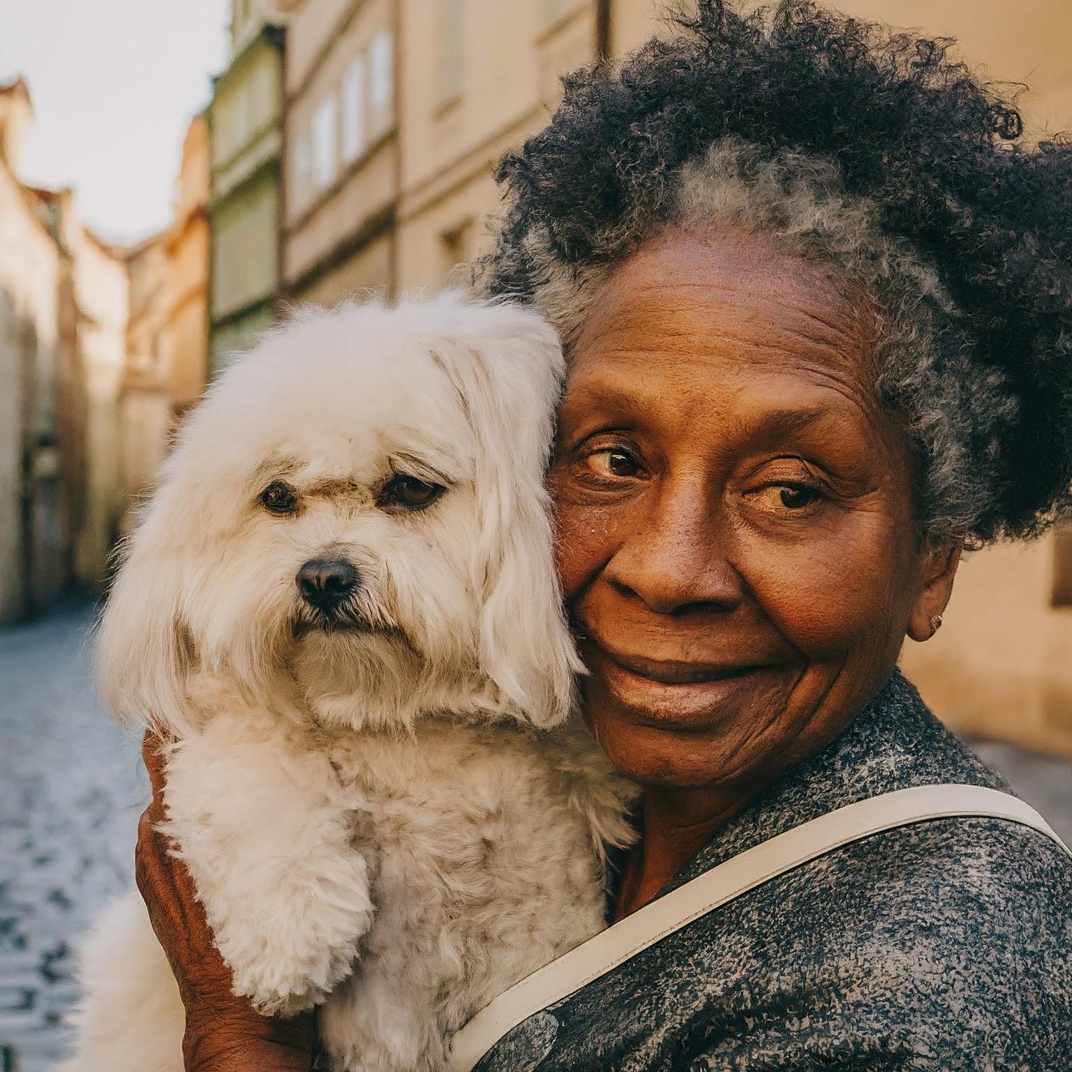 Close-up shot of an elderly woman holding a dog in her arms walking on the streets of Prague; capture the fine details of the woman's weathered face, her gentle smile, and the dog's contented expression