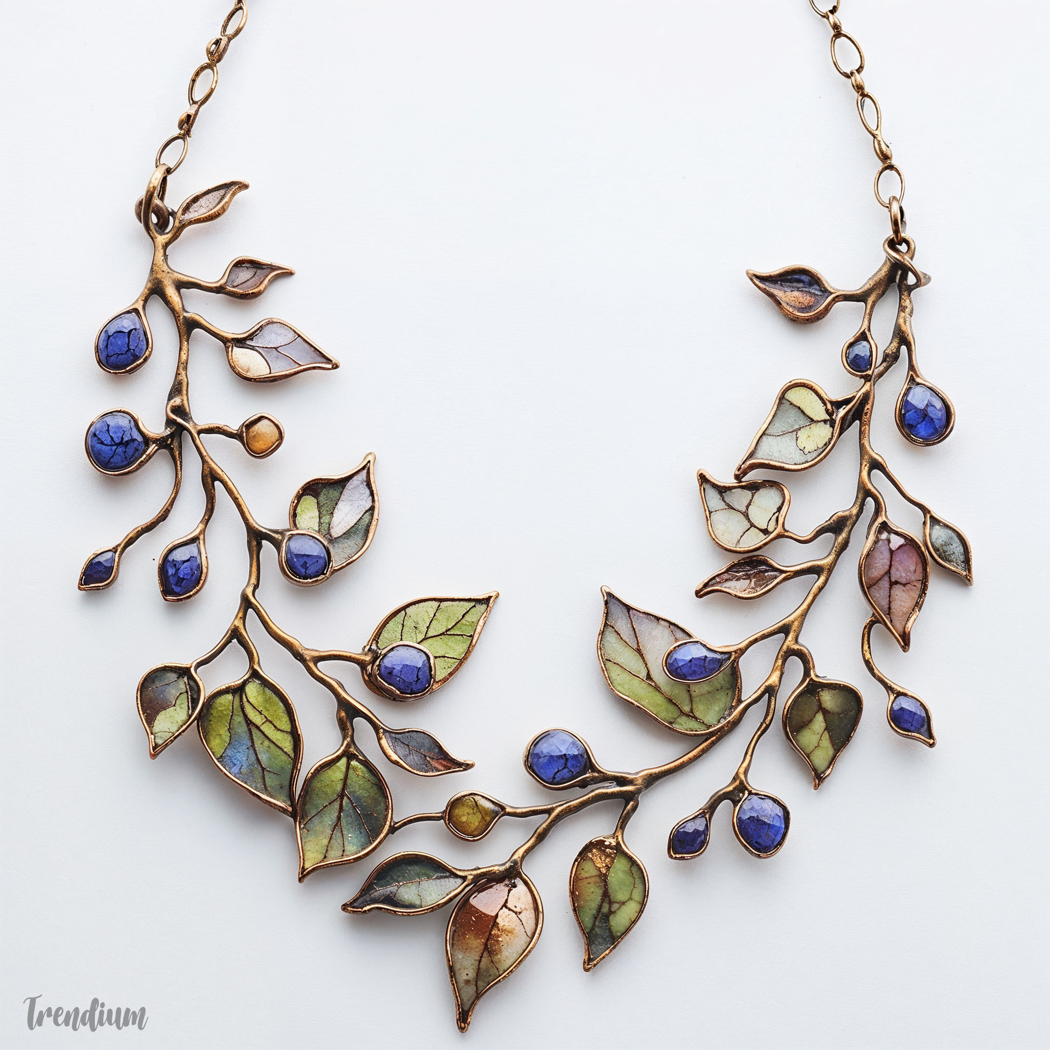 [prompt] A copper necklace with enamel accents and flowing plant motifs, showcasing handcrafted feel and harmonious colors