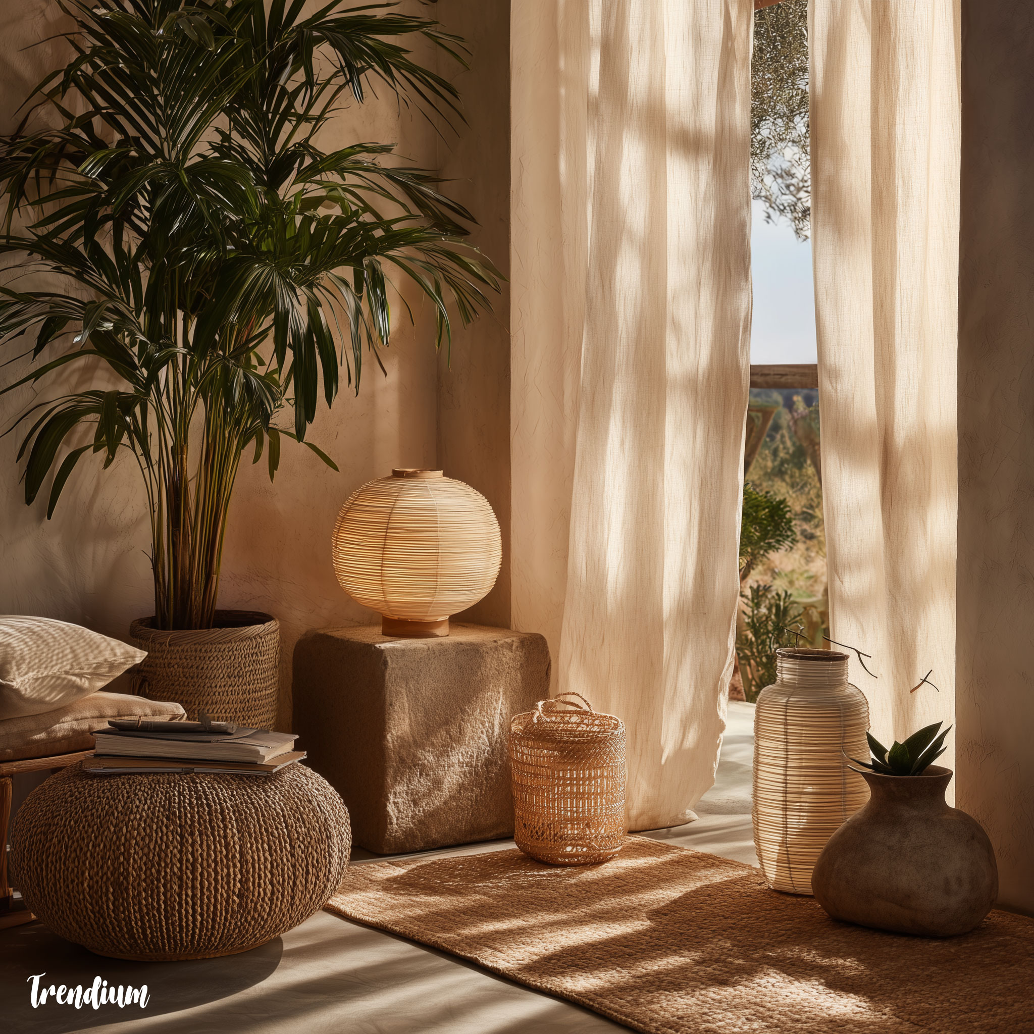 [prompt] cabana mood interior accessories, ceramic lanterns, woven baskets, soft cotton curtains, low table with tropical plants, sunset light filtering through, soft natural texture, curated lifestyle scene --style raw --v 7