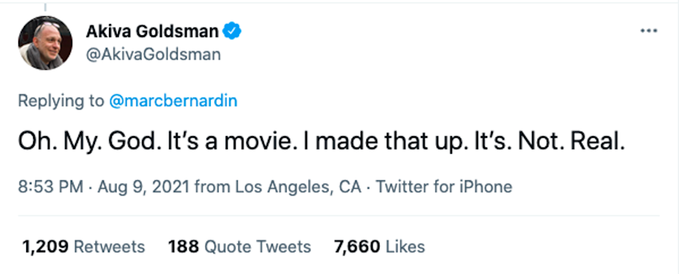 <나는 전설이다> 각본가 아키바 골즈먼의 트윗. “세상에. 이건 영화에요. 제가 만들어 낸 이야기에요. 뻥.이.라.구.요.”