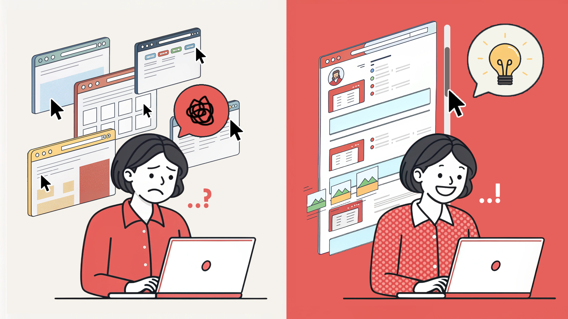 클릭을 여러번 해야 하다 보면 집중도도 떨어지고, 정보가 혼재돼요. 스크롤 한 번으로 스토리가 이어지는 원페이지 구조가, 보는 사람의 집중을 끝까지 붙잡아줍니다. (제작: 넛쥐+recraft.ai)