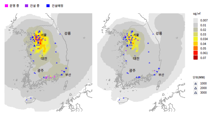 현정책 시나리오(좌측)와 넷제로 시나리오(우측)에서 가스발전소로 인한 연평균 초미세먼지(PM2.5) 농도 변화