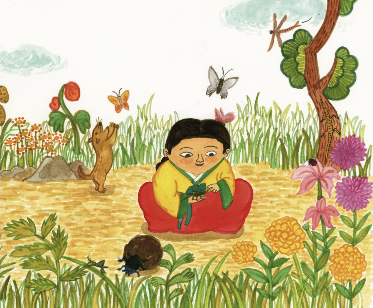 곤충을 관찰하는 신사임당_≪훌륭한 예술가이며 현명한 어머니 신사임당≫ 삽화