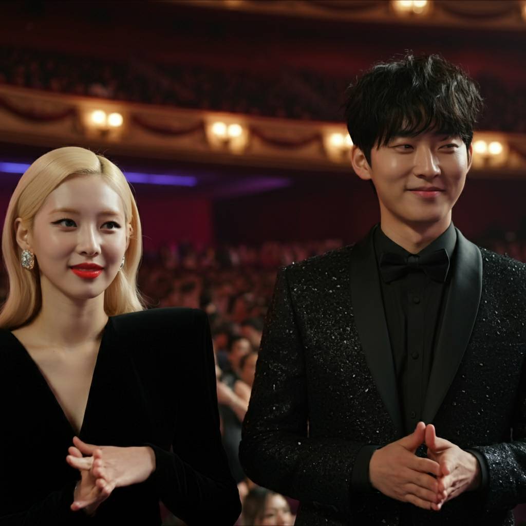 prompt : A Korean Kpop couple is greeting on the awards ceremony theater 