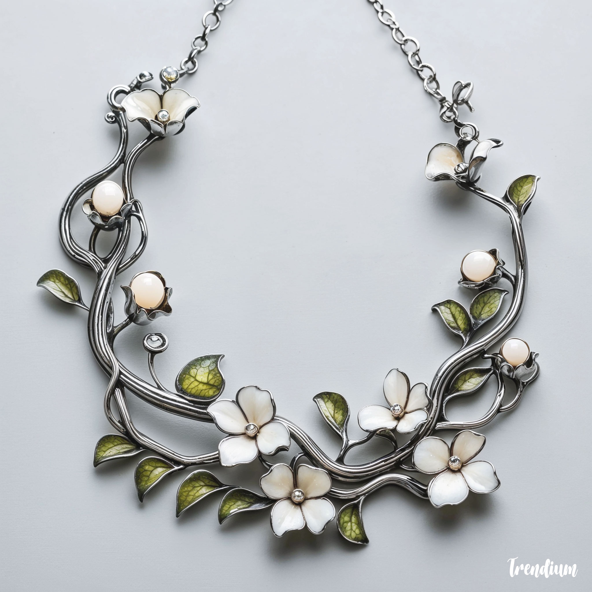 [prompt] An enamel and silver necklace inspired by Charles Robert Ashbee, floral design, organic curves, hand-forged look, antique style, soft background
