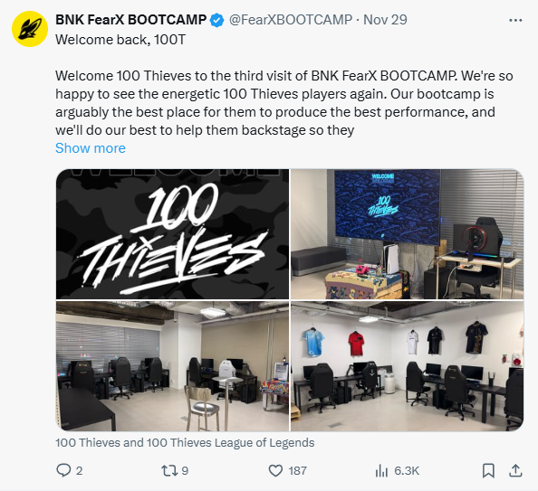 마찬가지로 BNK FearX 부트캠프 서비스를 이용하고 있는 100 Thieves