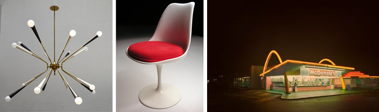 (좌) 스푸트니크 샹들리에, LUM FARDO   |   (중) 튤립 의자, 에로 사리넨, 1955-56   |   (우) 구기 스타일 건물, 맥도날드