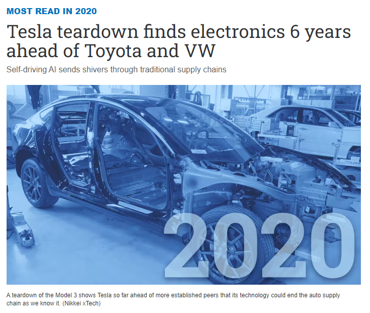 테슬라 모델 3를 분해 후, 기존 자동차 업체보다 6년 앞서 있다고 보도한 닛케이 기사 (사진 출처: 닛케이 아시아)
