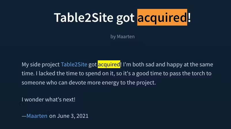 에어테이블을 홈페이지로 만들어주는 Table2Site이 인수되었다는 글