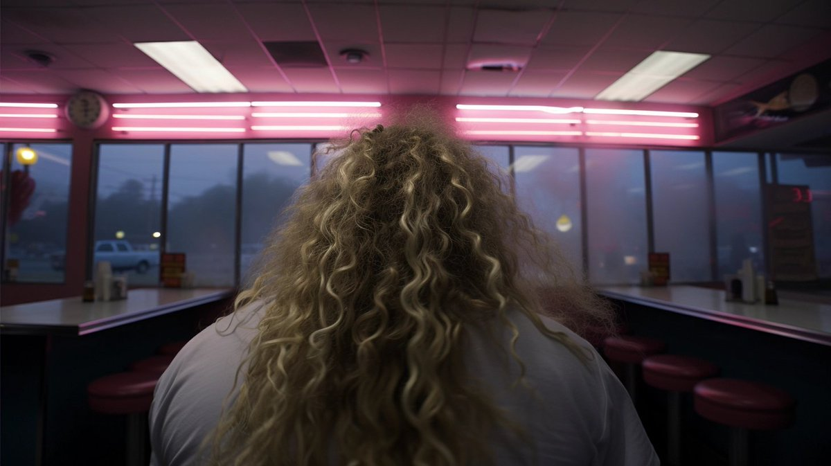 male with long curly blonde hair with wide shoulders at an 80's diner, looking at the back of his head, darkness and fog outside the windows pink and white and red