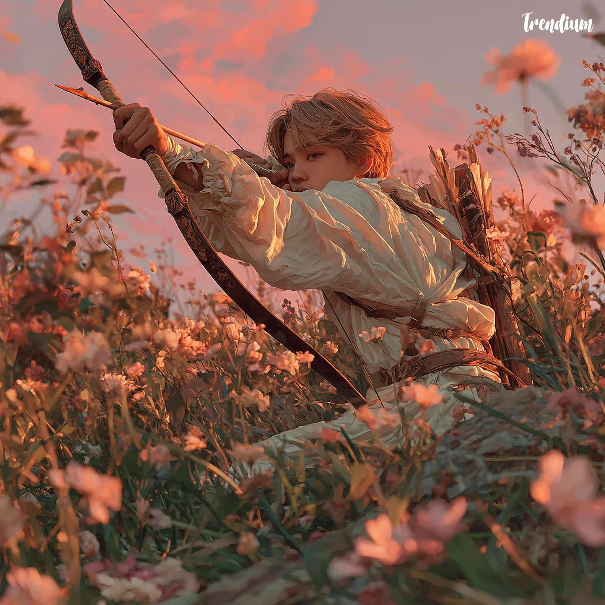 [prompt] A Kpop idol shooting a bow. pre-Raphaelite romantic style, detailed scenery, soft sunset light, painterly shadows, and gentle brushwork --v 7 --stylize 300
