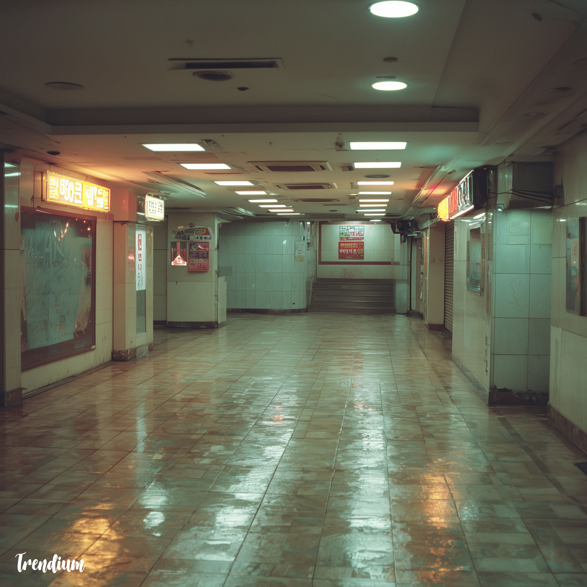 [prompt] empty underground shopping mall in Seoul, yellow-tinted lighting, flickering signs, damp tiled floors, liminal space, analog horror aesthetic, abandoned retail space --v 7