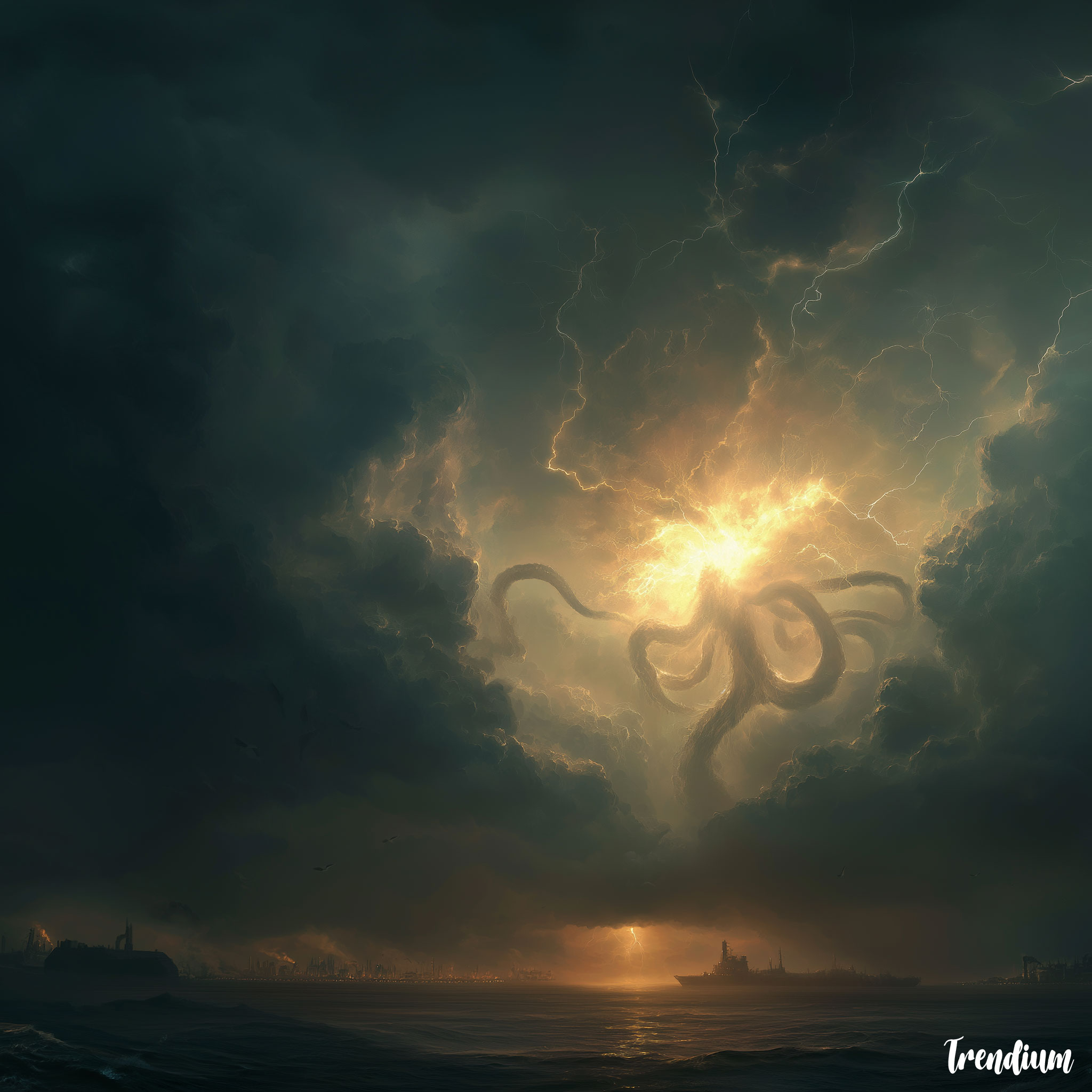 [prompt] gigantic eldritch entity emerging from a dimensional rift above a stormy sea, lightning illuminating colossal tentacles and alien forms, ominous glow, oppressive scale, surreal cosmic horror aesthetic --stylize 200 --v 7