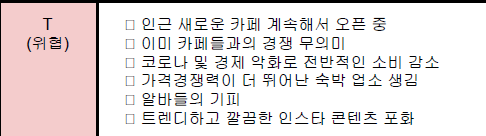 위협. 약점과 더불어 대응을 잘해야 하는 부분으로 전략적 접근이 중요하다 배웠다.