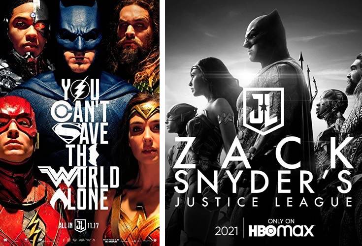 2017년 개봉한 <저스티스 리그>와 2021년 개봉작 <저스티스 리그 스나이더컷>의 포스터