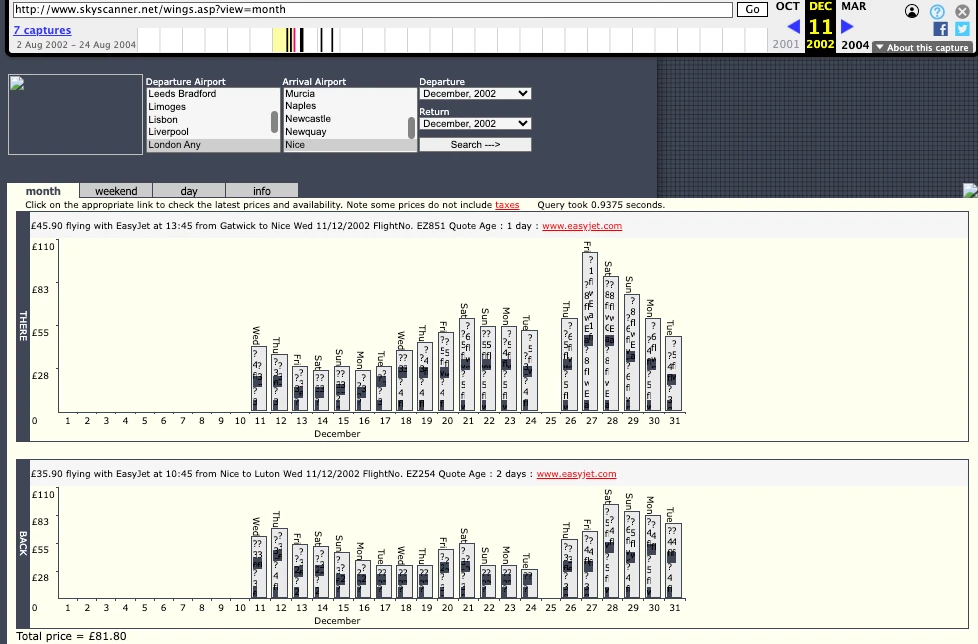 2002년 Sky Scanner의 초기 웹사이트. 구글 스프레드 시트로 수요를 검증한 뒤, 초기 웹사이트를 만들었다.