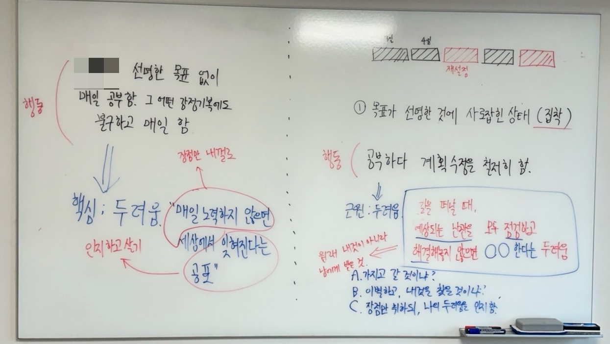실제 두려움 기반 학습코칭의 장면입니다.