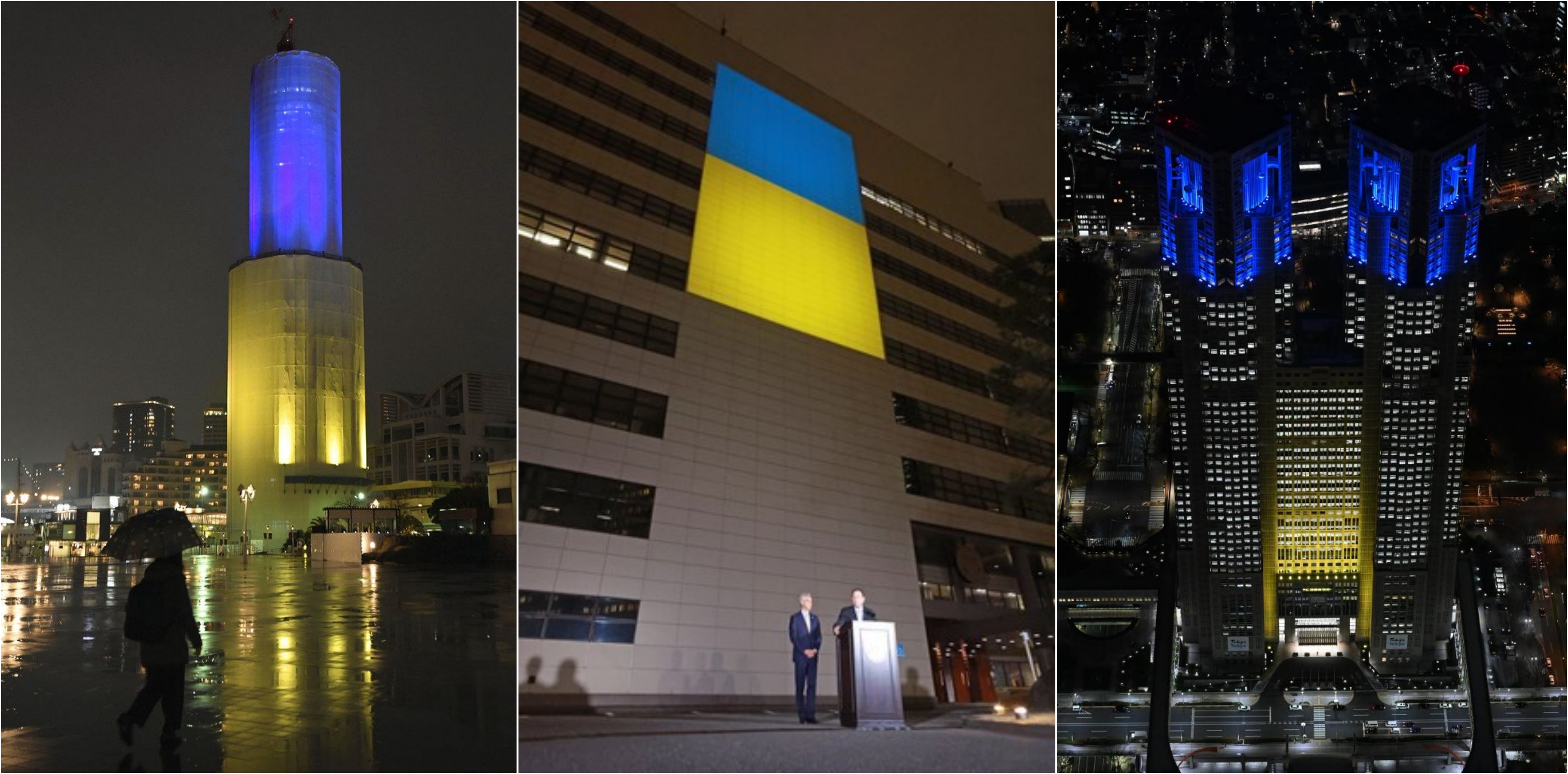 일본에서는 정부가 우크라이나 난민 수용의 의지를 밝히고, 각 도시에서는 빌딩을 우크라이나 국기 색으로 라이트업, 지지와 응원을 보내고 있어요. 왼쪽부터 코베의 '포트 타워', 도쿄의 미국 대사관, 그리고 도쿄 도청.