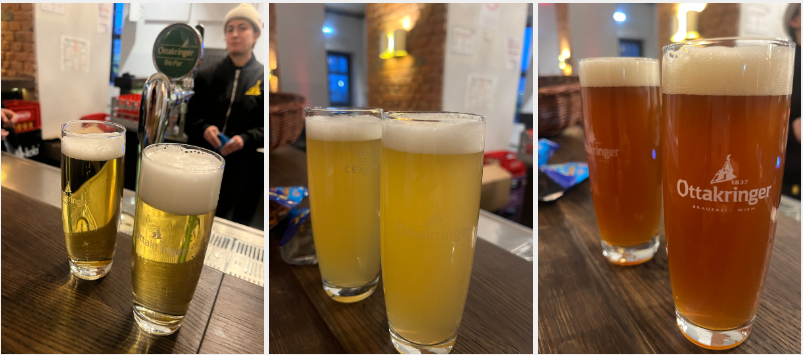 왼쪽부터 Helles 헬레스 (밝고 투명한 라거), Zwickel 쯔비켈 (필터 되지 않은 탁한 맥주), Rotes Zwickel 로테스 쯔비켈 (몰트간  들어가서 캐러맬 풍미가 느껴지는 탁한 맥주) 