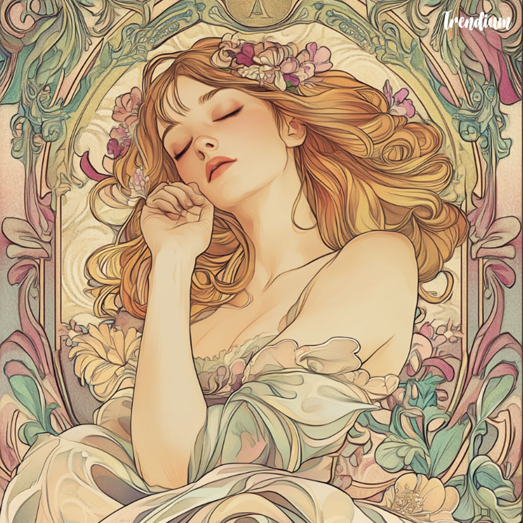 [prompt] Create stunning art nouveau illustrations in the style of Alphonse Mucha. The scene should feature an elegant woman with wavy hair in a delicate dress with flowery patterns. She should be surrounded by colorful, swirling lines and delicate flowers, and the typical organic motif of a piece of mouha should be a soft pastel color with intricate and decorative borders that make up the background, and the overall atmosphere should be elegant and ethereal, capturing the essence of mouha's iconic style.