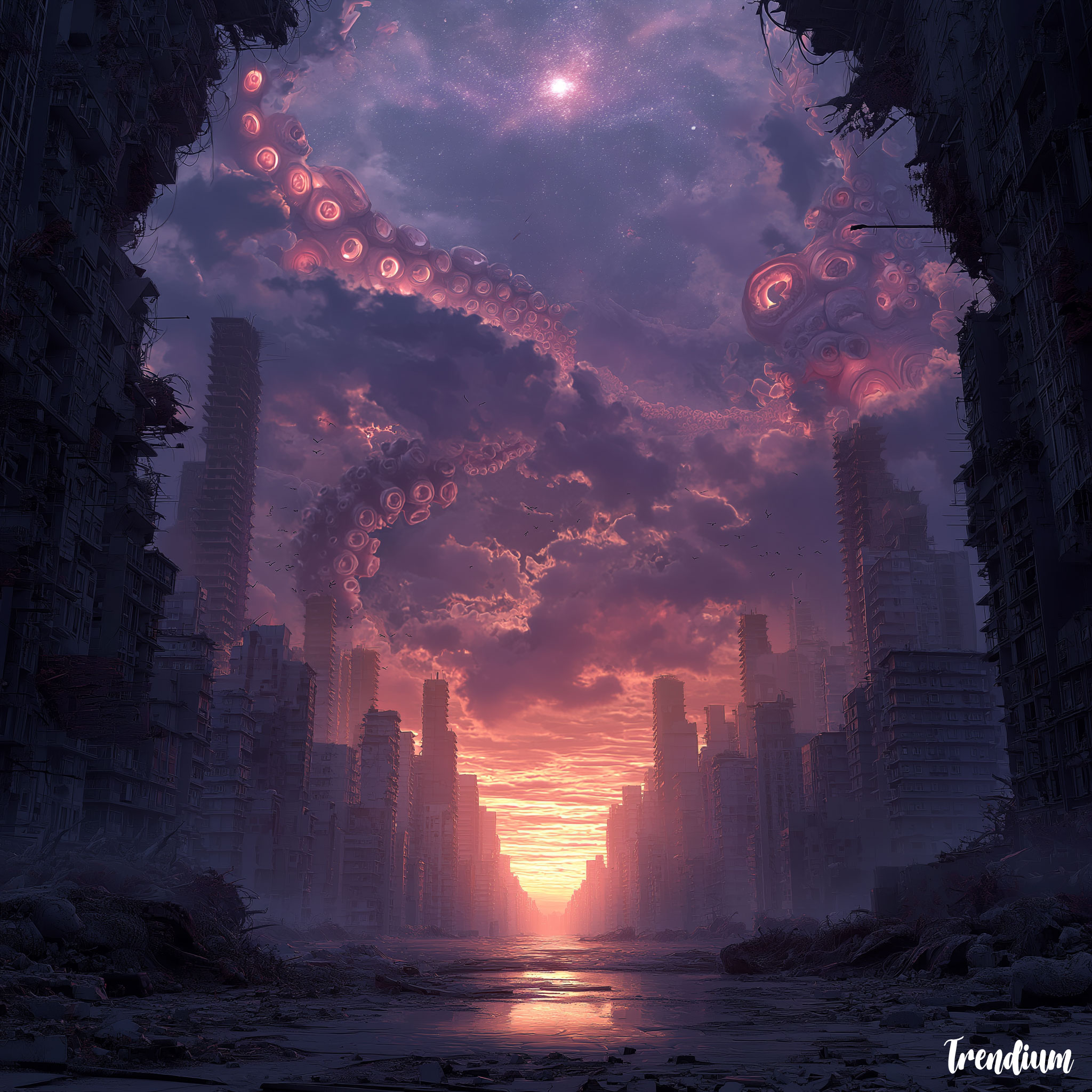 [prompt] abandoned megacity with twisted skyscrapers, gigantic tentacles emerging from cracks in reality, surreal cosmic horror apocalypse --stylize 500 --v 7