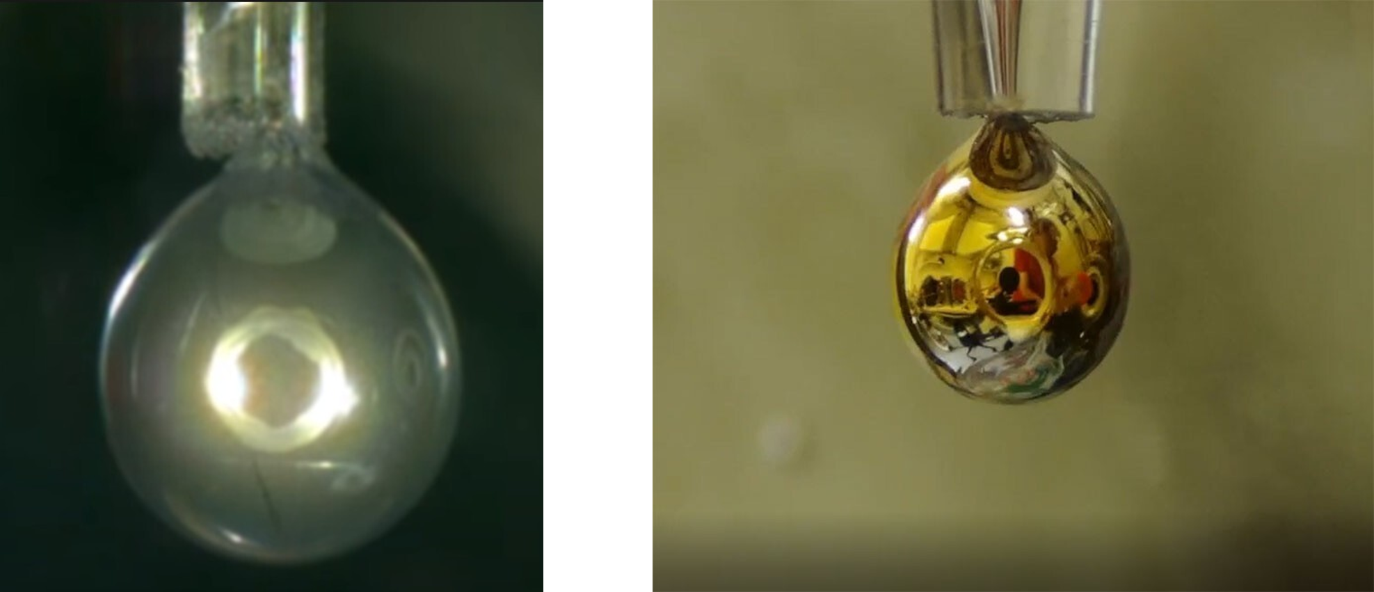 (좌) 수증기에 노출되기 전의 NaK 방울입니다. (우) 금속 물방울입니다. 두 이미지 모두 유튜브 영상을 캡처했습니다.
