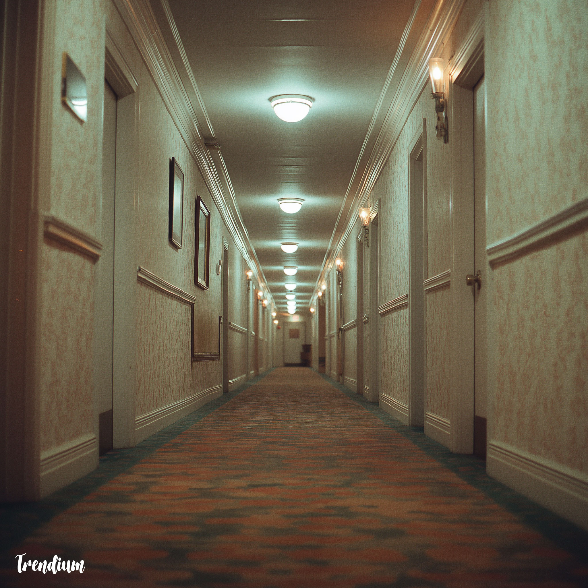 [prompt] endless hotel hallway, vintage carpet, faded wallpaper, buzzing ceiling lights, liminal space, no people, analog VHS horror, uncanny architecture --v 7