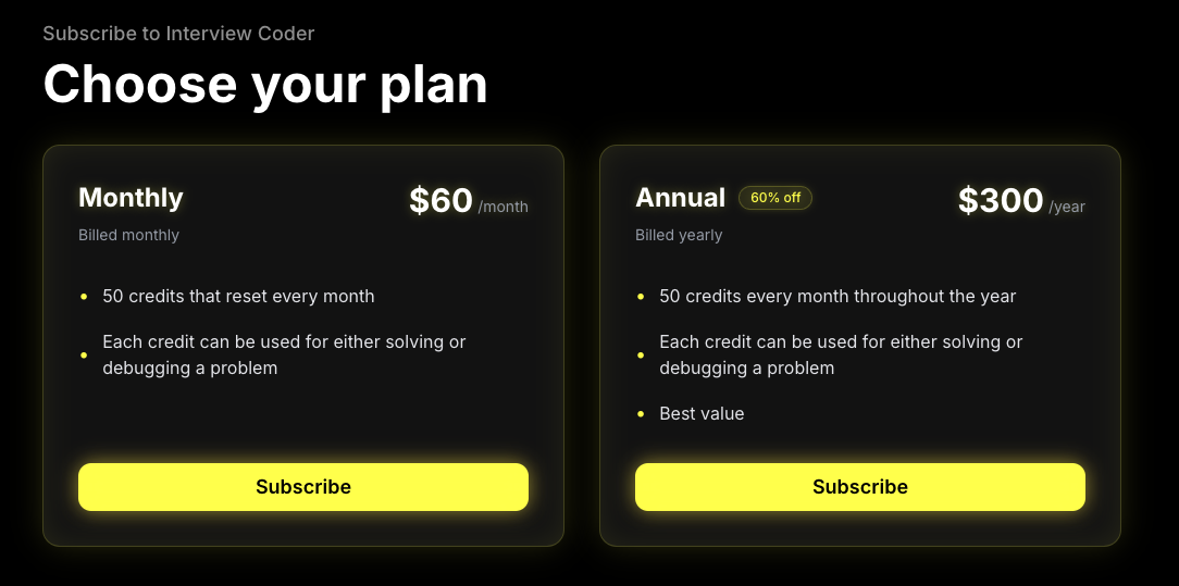 Interview Coder Subscription Table