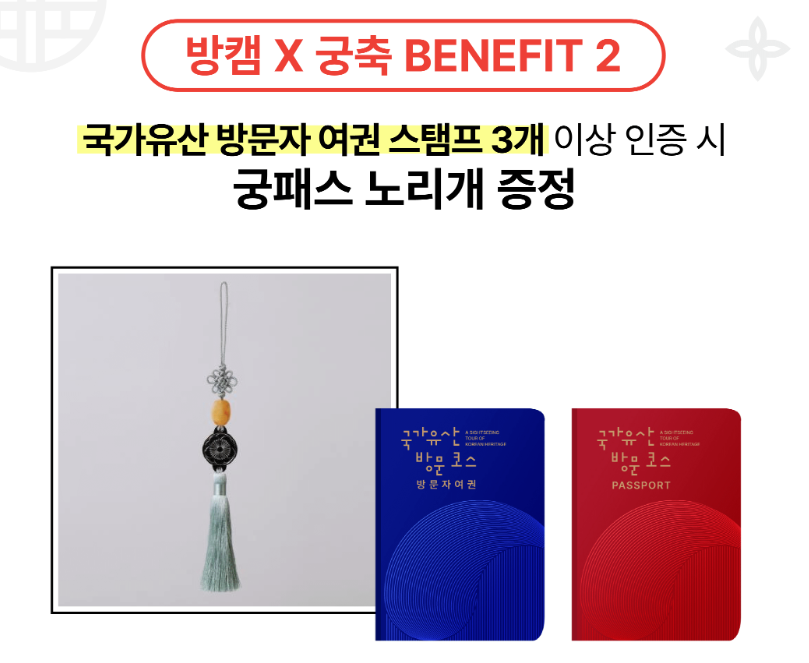 스탬프 3개 인증시 받을 수 있는 궁패스 노리개와 방문자 여권 ⓒ국가유산청