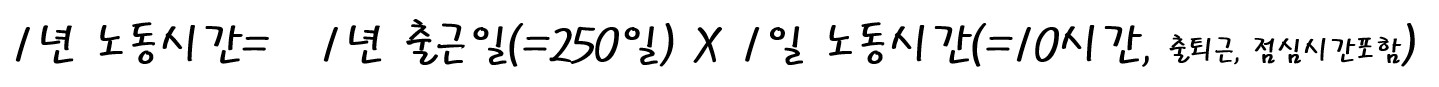 대략 1년에 250일 일하고, 출퇴근과 점심시간을 포함하면 하루에 10시간을 일한다고 가정할게요.