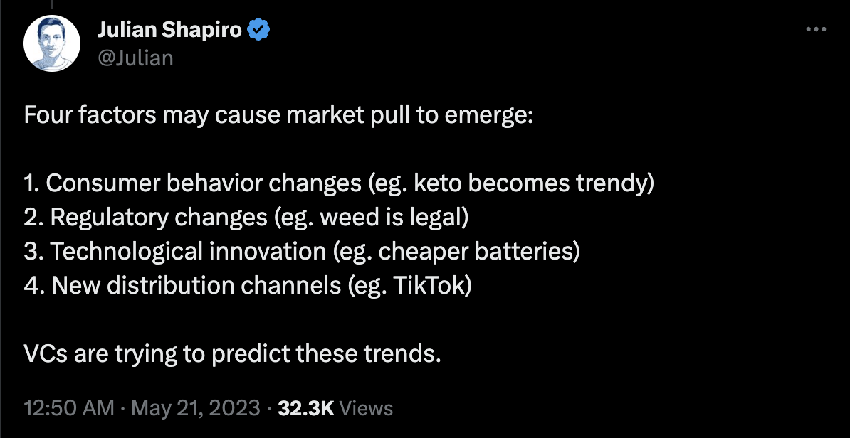 시장 기회는 4가지 거대한 섹터의 변화에서 생겨난다. 1) 소비자의 행동이 크게 변화하거나 2) 규제가 변화하거나 3) 기술의 혁신이 일어나거나 4) 유통 과정이 크게 변화할 때.