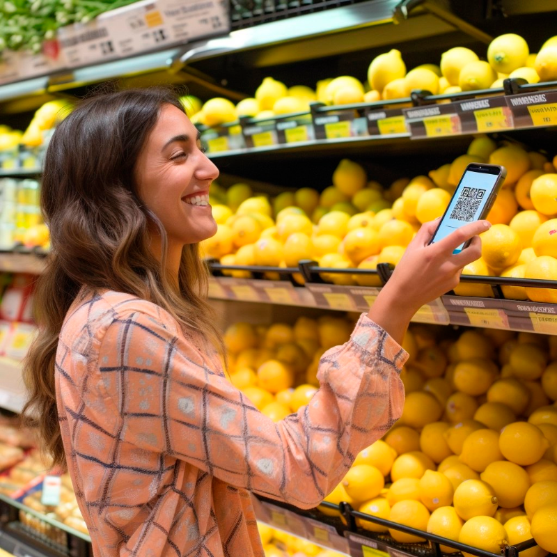 woman smiling in the lemons section of the grocery store, holding a phone to scan a qr code above the lemons