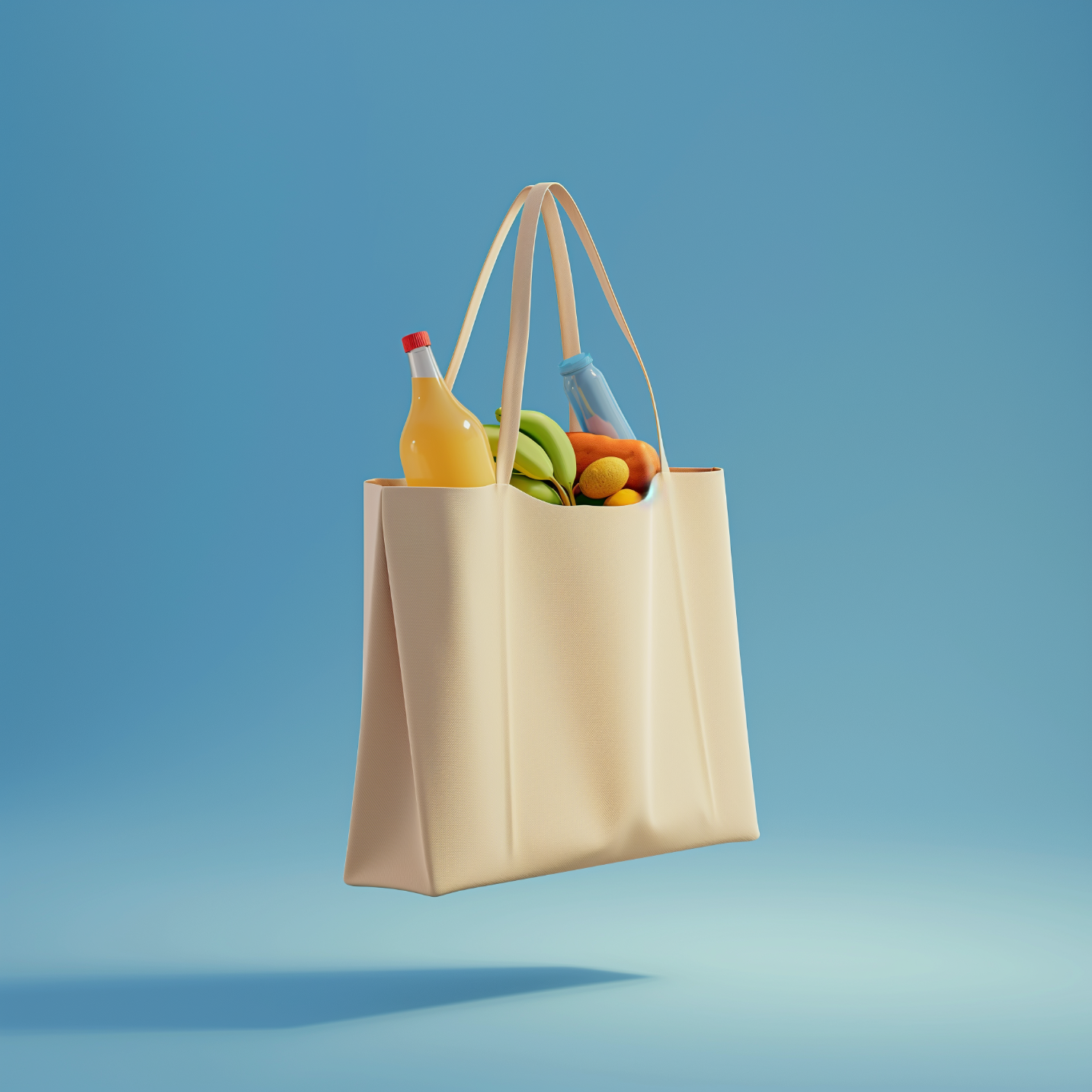 Prompt : simple 3D vector colored icon of a beige fabric reusable rigid shopping bag in low minimalist, floating in the air with with couple of realistic food products stored inside on a blue background contrast