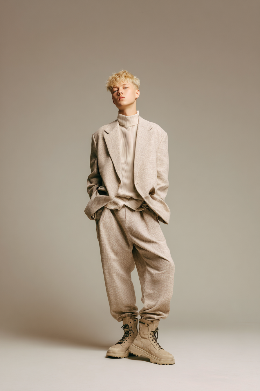 full body lookbook, beige tone, clean BG
