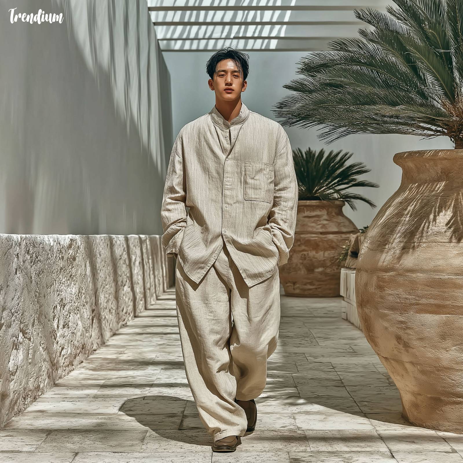 [prompt] Korean male model standing in a minimalist tropical courtyard with subtle Korean influence, wearing a lightweight cabana-style hanbok shirt and wide beige trousers, surrounded by white stone walls and bamboo shadows, soft striped sunlight falling through linen curtains, pine tree in the background, serene mood, quiet summer elegance, tropical modernist architecture with Korean minimal aesthetic --v 7 --stylize 400