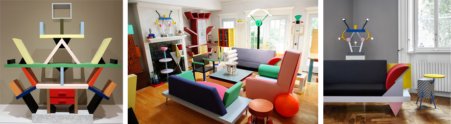 (좌) 에 토레 소트사스의 칼튼 책장, 1981   |   (중) 멤피스 그룹의 콜렉션룸   |   (우) 멤피스 그룹의 콜렉션룸, https://memphis.it