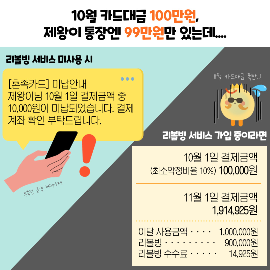 리볼빙 이용 수수료는 연간 기준으로 편의상 1/12로 계산했습니다. 위 이미지는 예시 이미지로 실제와 다를 수 있음을 알려드립니다.