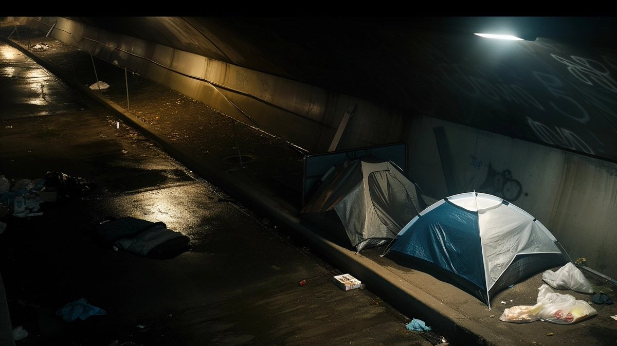 homeless tents in sewer, dark
