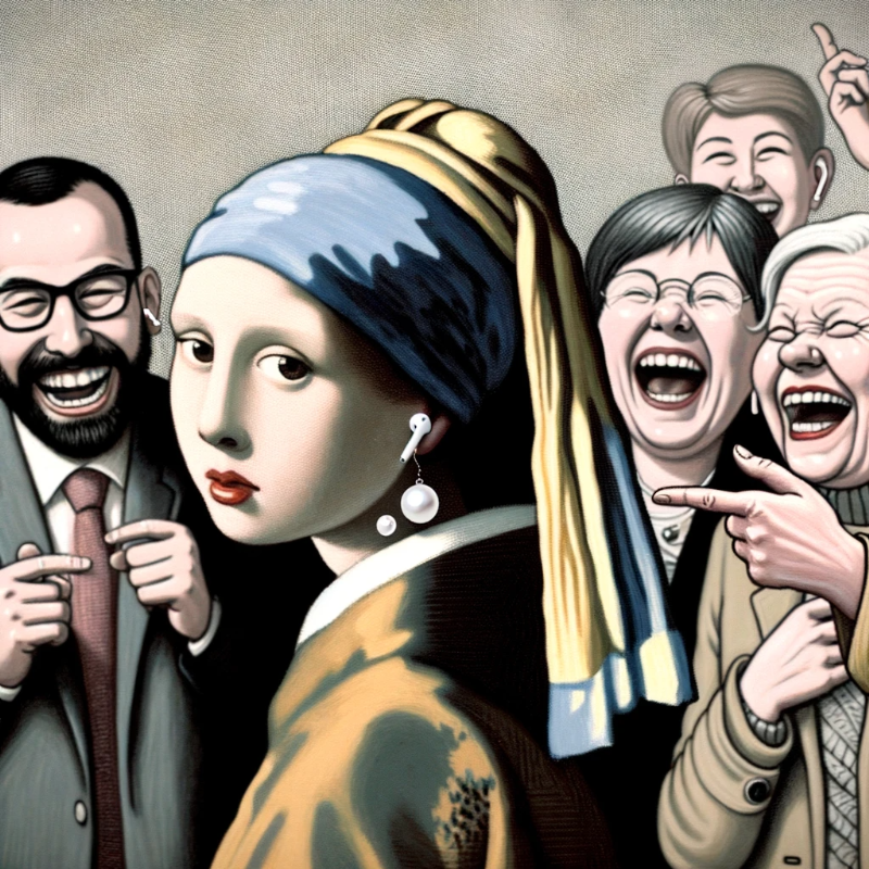 Humorous cartoon depiction of &#39;Girl with a Pearl Earring&#39; where the iconic pearl is replaced with modern white earbuds. Visitors in the background chuckle and point, finding humor in the modern twist, yet the girl&#39;s expression remains serene.