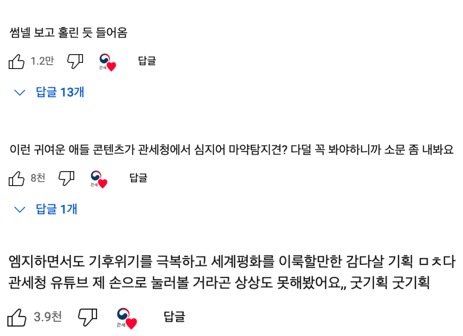 출처 : YouTube '관세청' 댓글 캡쳐