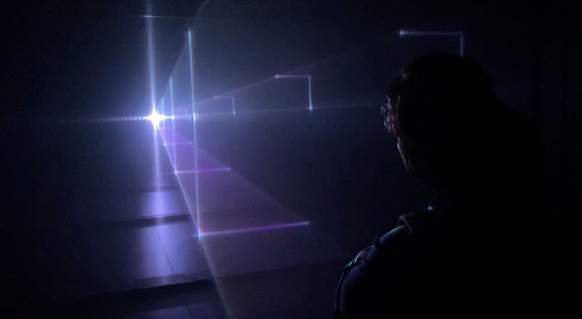 United Visual Artists, Vanishing Point, 2021, Laser, semi transparent gauze, haze, electronics, code