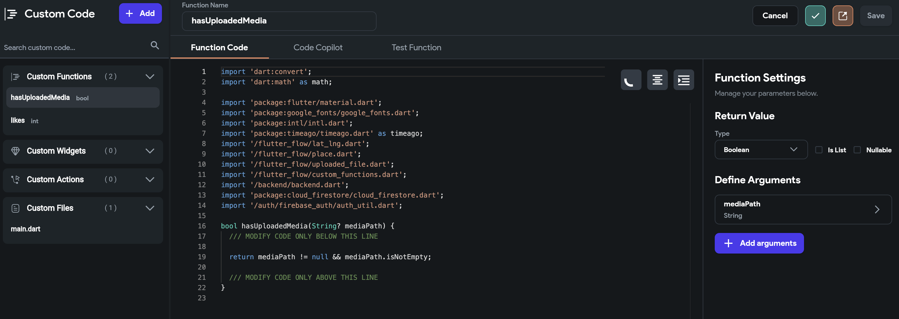 Custom Function을 통해 코드를 삽입한 경우 