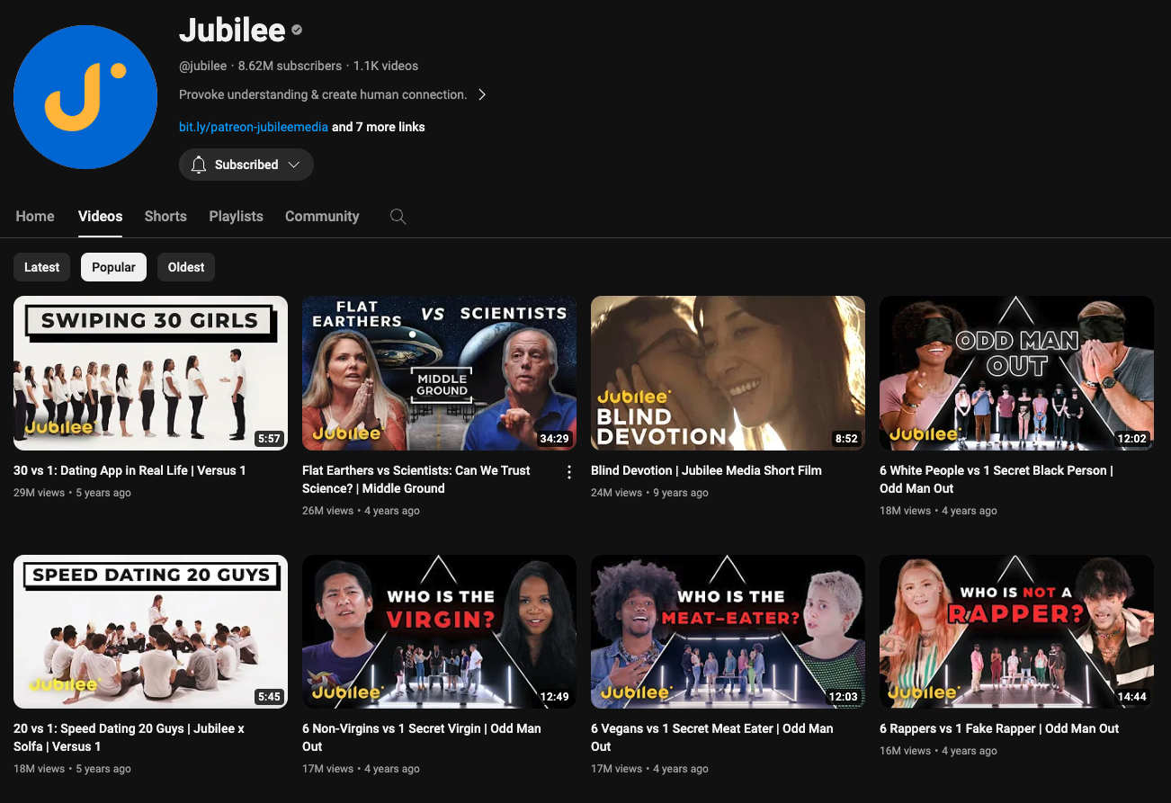 Jubilee는 한국에서도 유행했던 익명 소개팅 포맷의 오리지널 채널이다.