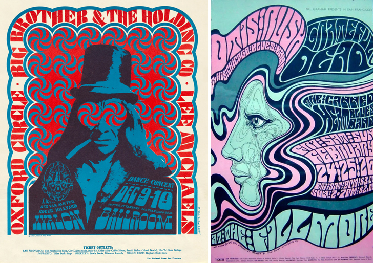 (좌) Avalon Ballroom의 콘서트 포스터, Victor Moscoso, 1966   |   (우) Band poster, Wes Wilson, 1967