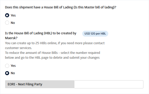 첫번째 HBL 유무 질문에 Yes -> 두번째 HBL 선사 대행 여부 질문에 No ->  EORI - Next Filing Party칸에 EU 세관에 self-filing을 할 주체의 EORI 번호 입력