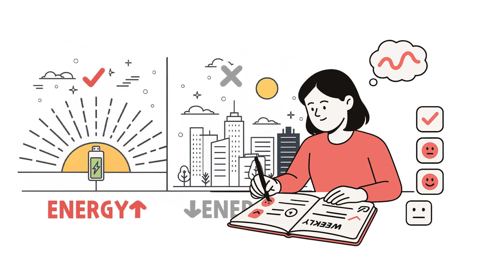 일주일의 기록을 자동으로 모아주면, 내가 신경 쓸 건 ‘돌아보기’뿐이에요. (제작: 넛쥐+recraft.ai)