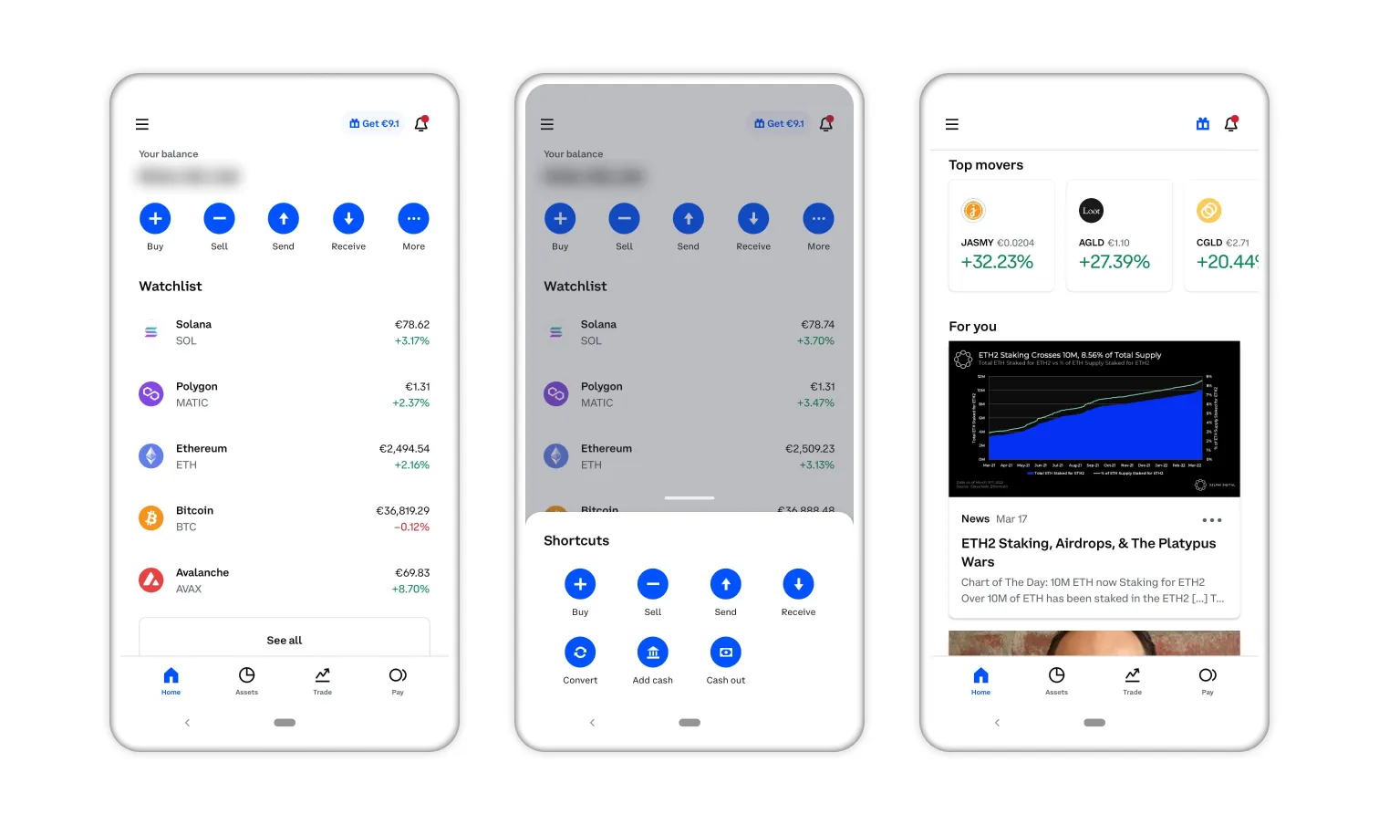 현재의 코인베이스 앱(출처: https://jpux.medium.com/case-study-coinbase-ux-redesign-9fa4038f5d52)
