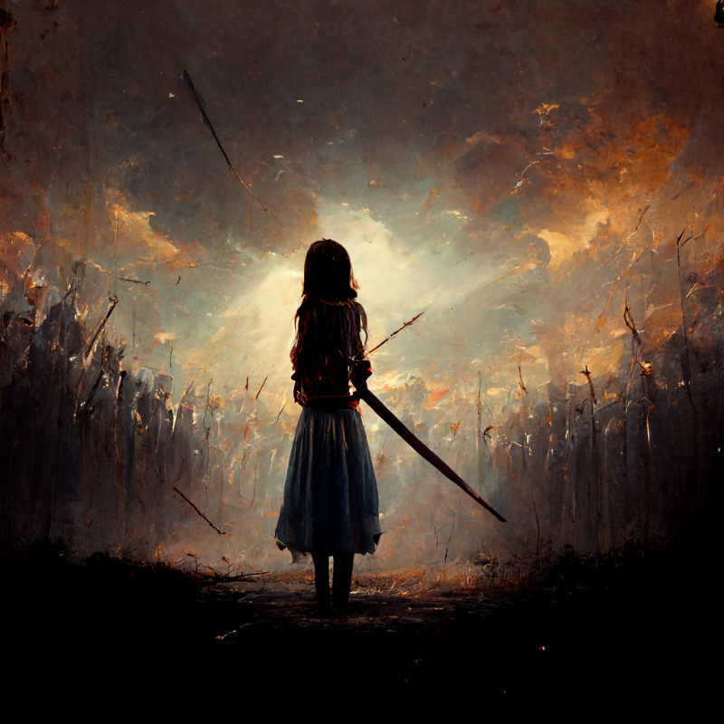 프롬프트: a brave girl holding a long sword in hand is ready to begin the battle against darkness
